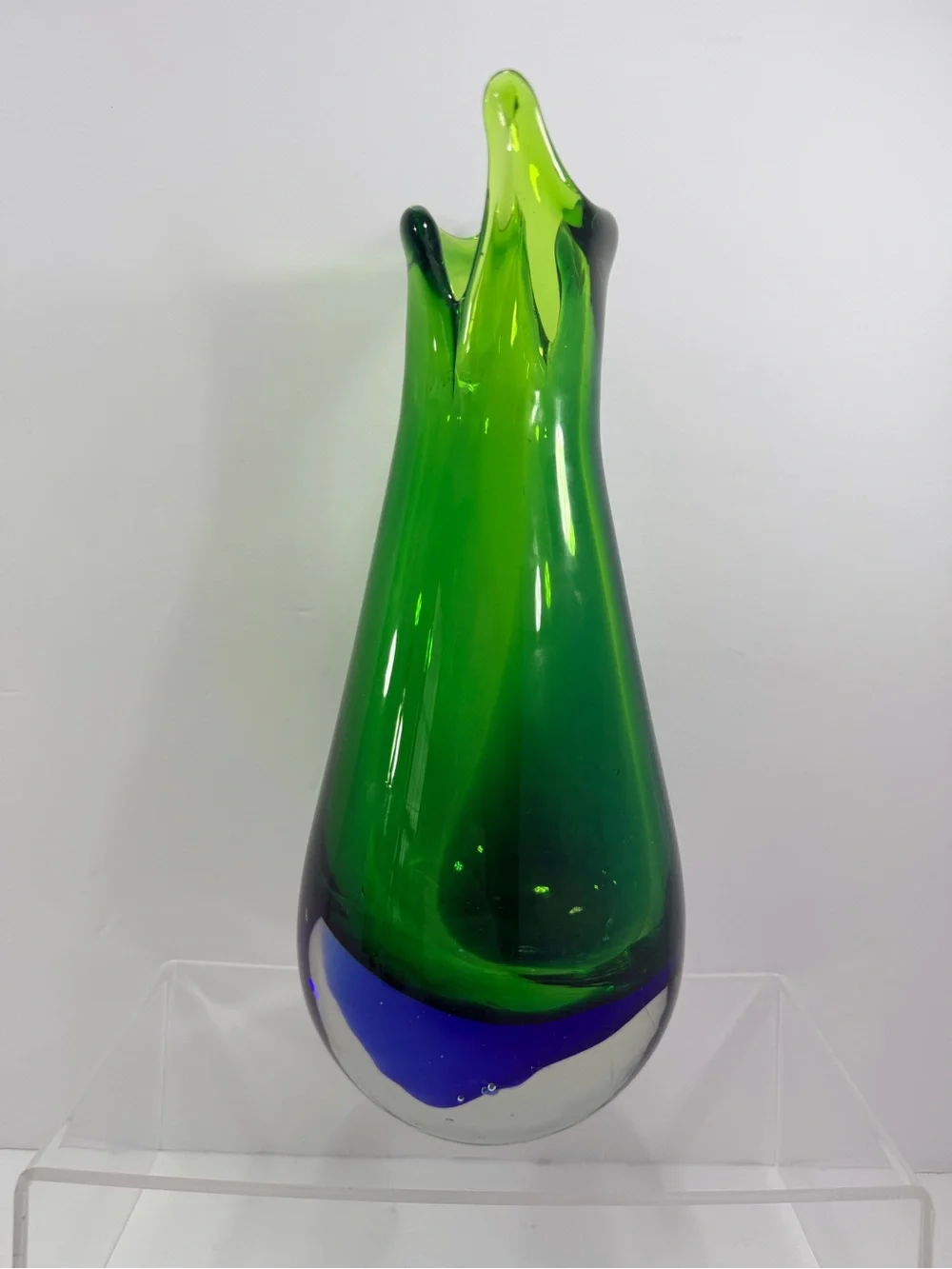 Vtg MCM Murano Style Sommerso Fishtail Vase - Emerald & Cobalt - 9.5